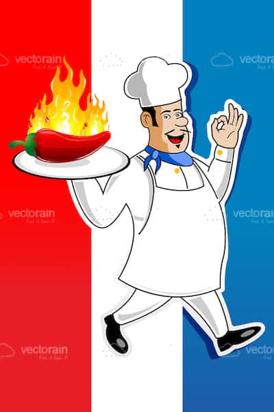 Illustrated Chef with Tray and Burning Chilly on Colourful Background